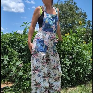 Handmade Upcycled Blue & White "Sunday Bloomers" Floral Overalls